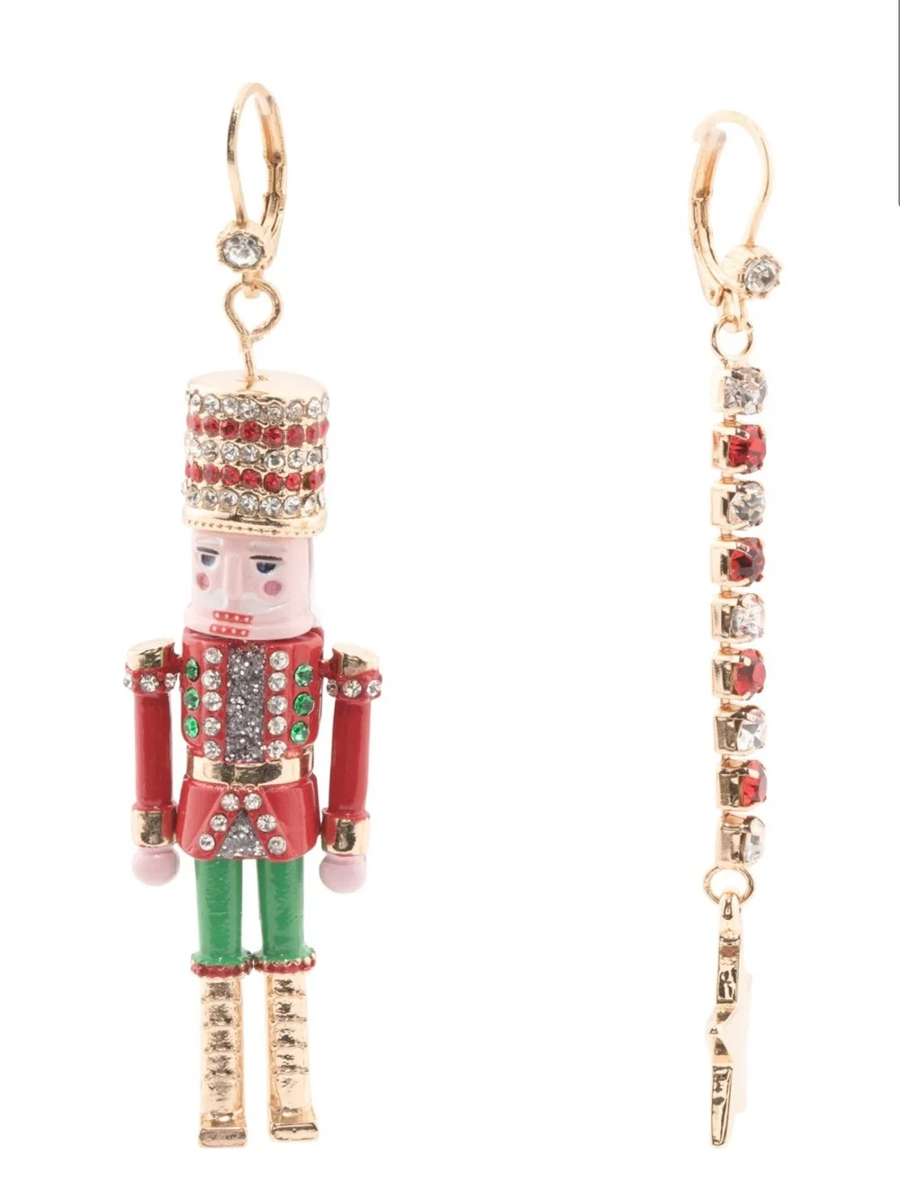 Betsey Johnson Red Nutcracker Mismatched Christmas Dangle Drop Earrings Bling